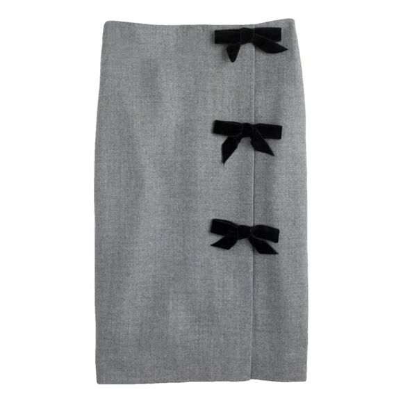 Jcrew Nwot grey Double Serge 💯 Wool Pencil Skirt with velvet bows size 2 - Picture 6 of 12